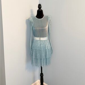 Sabina Musayev Pale Blue Metallic Long-Sleeve Tiered Dress